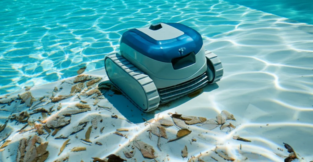 Action shot of a robotic pool cleaner effortlessly removing leaves and debris from the bottom of a pristine Dallas pool,