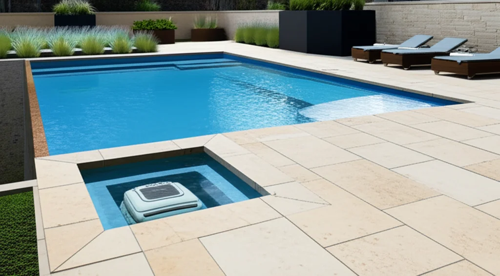 Architectural rendering of a modern Dallas pool design with an integrated robotic pool cleaner docking station, showcasi