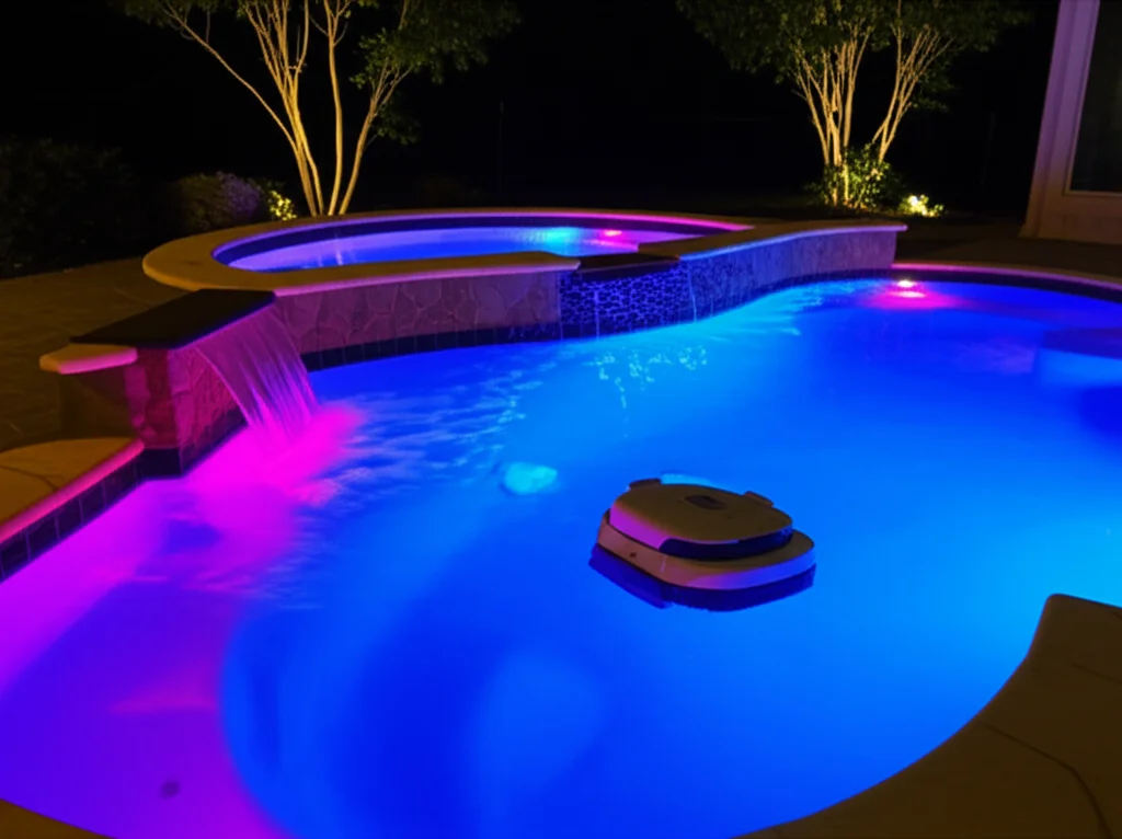 Dallas backyard pool illuminated at night with colorful LED lights highlighting a cascading waterfall feature, with a ro