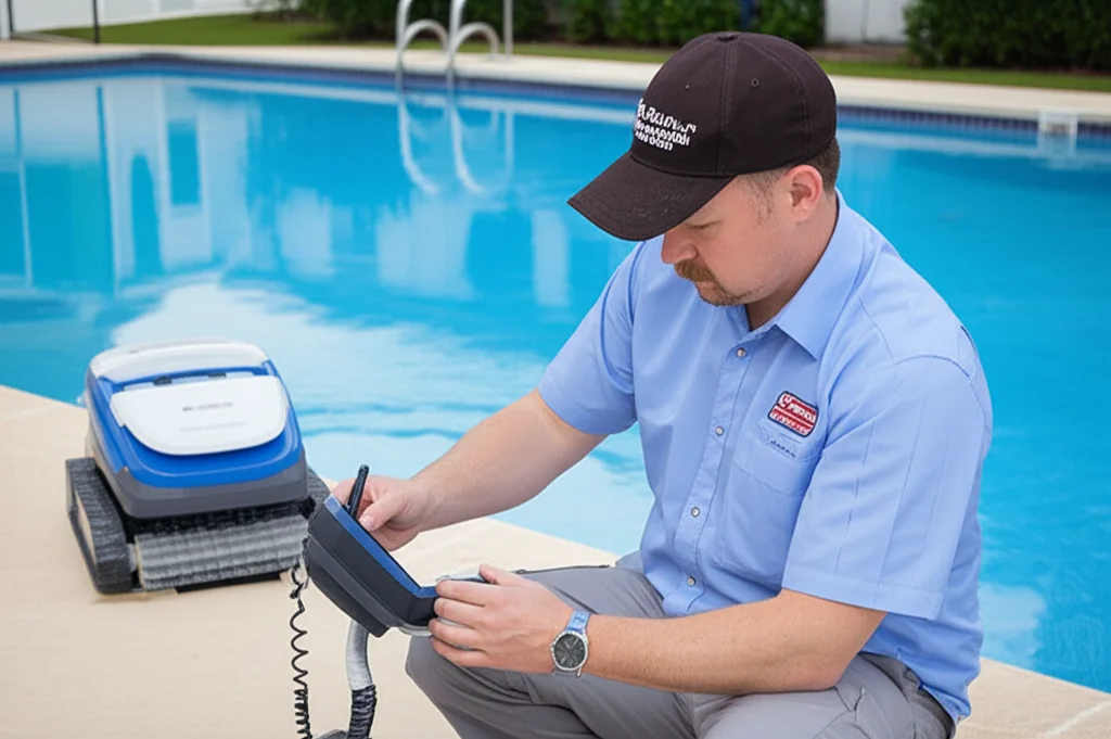 Professional pool technician in Dallas, TX, using a digital testing kit to analyze the water quality of a pool, ensuring