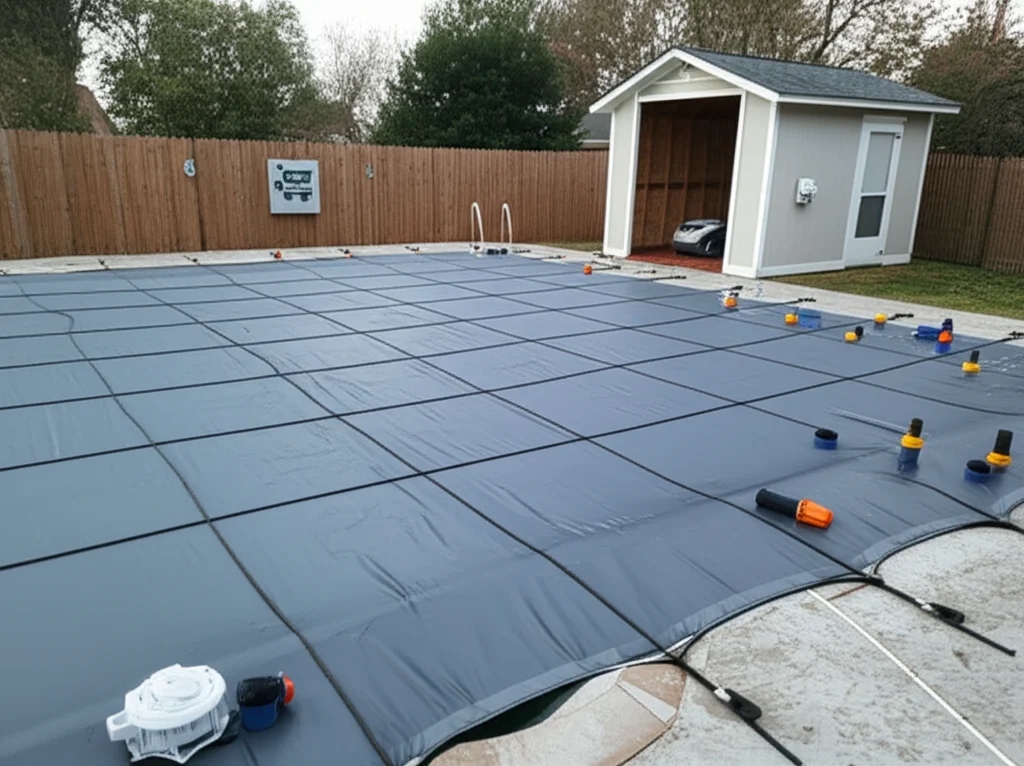 Image of a Dallas pool covered with a durable winter cover, showing an automated pool controller and winterizing plugs,