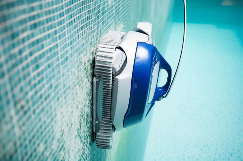 Close-up photograph of a robotic pool cleaner effortlessly climbing the tiled wall of a Fort Worth pool, removing calciu