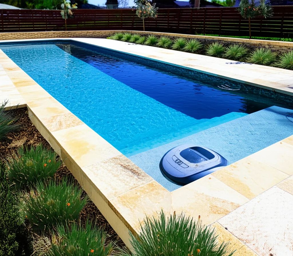 Architectural rendering of a contemporary Fort Worth pool design featuring a vanishing edge, natural stone coping, and a