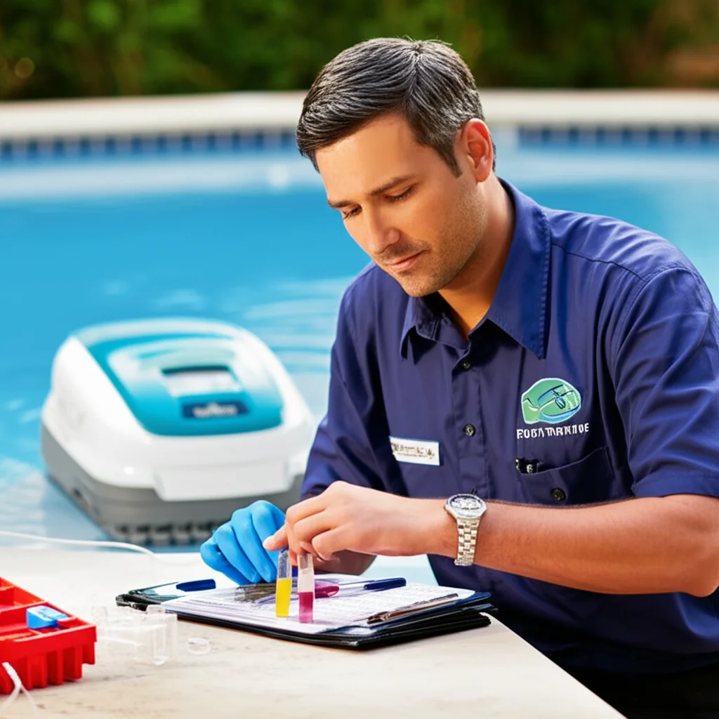 A skilled pool technician in Fort Worth, wearing a branded uniform, carefully analyzing a water sample with professional