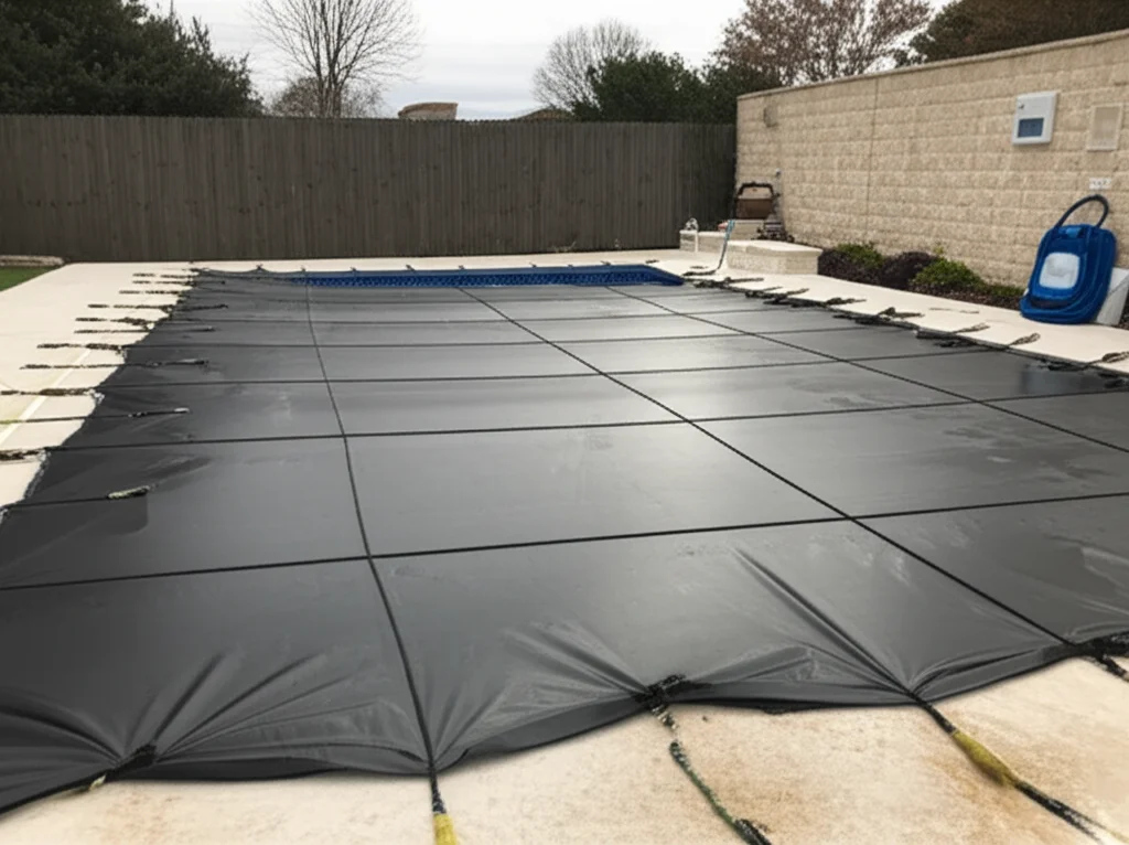 A closed and covered Fort Worth pool, protected from the winter elements with a heavy-duty safety cover, a smart pool co