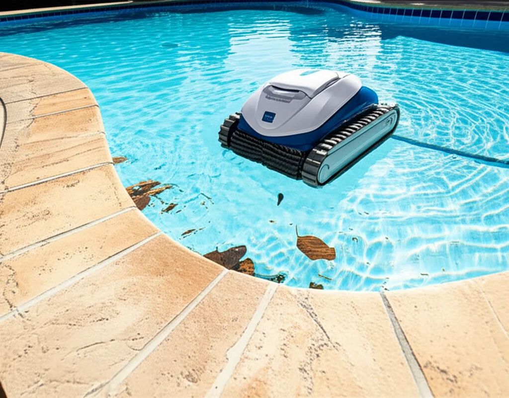 Action shot of a robotic pool cleaner autonomously navigating the curves of a Houston, TX pool, removing leaves and debr