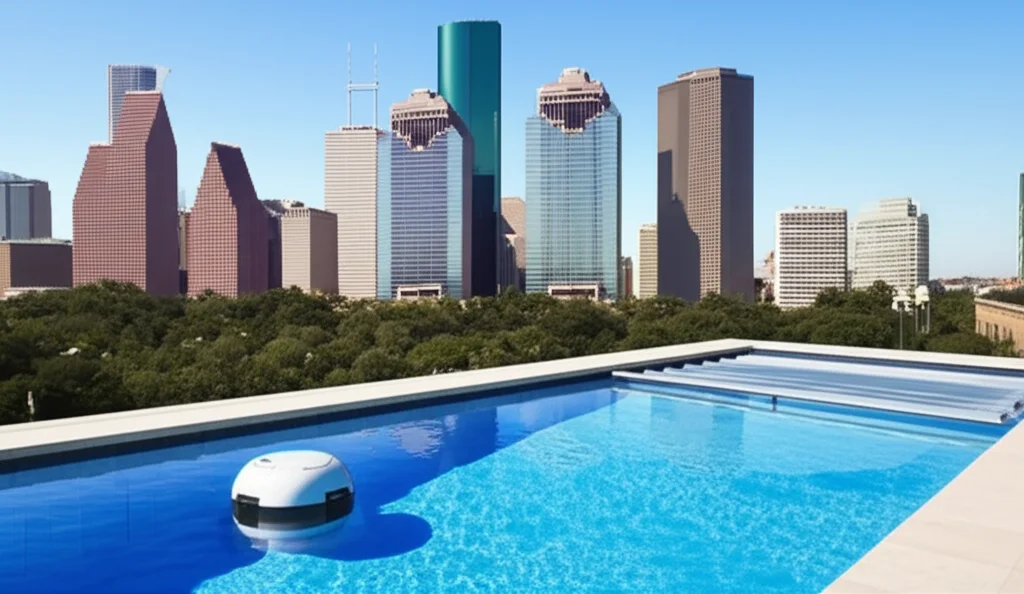 Architectural rendering of a custom-designed Houston pool featuring a vanishing edge overlooking the city skyline, showc