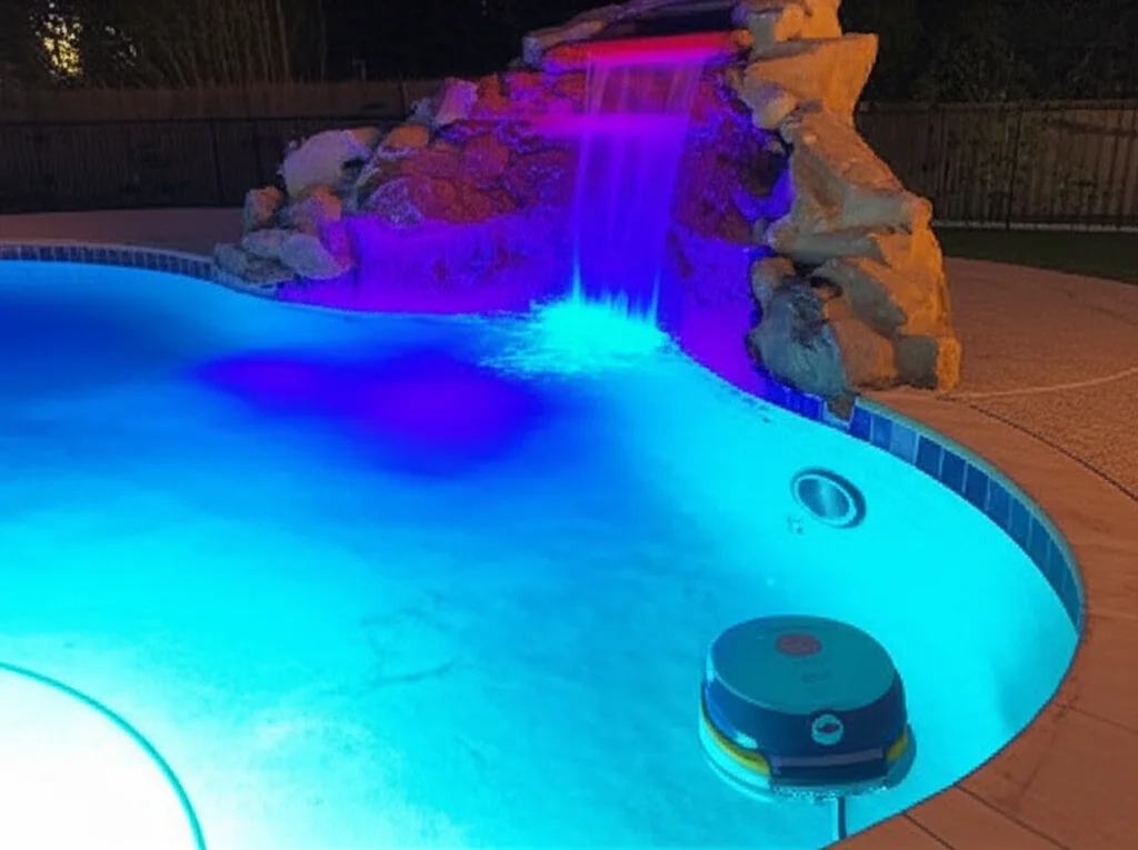 Houston, TX pool at twilight, illuminated by colorful LED lights highlighting a waterfall feature, with a robotic cleane