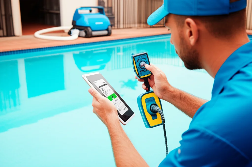 Professional pool technician in Houston, TX, using a digital water testing kit and analyzing the results on a tablet, a