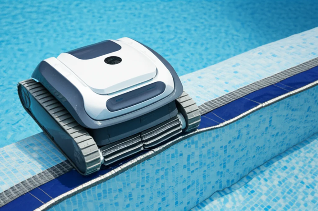 Close-up shot of a high-tech robotic pool cleaner navigating the tiled steps of a London swimming pool. Focus on the rob