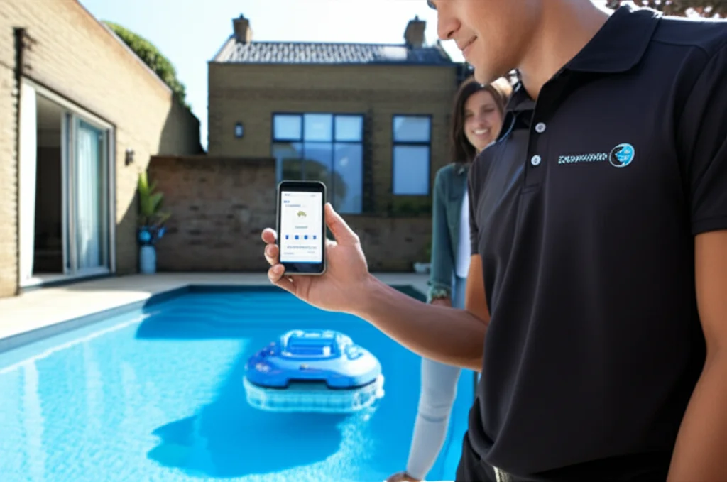 Smiling, uniformed technician demonstrating a mobile app controlling a robotic pool cleaner to a homeowner standing by t