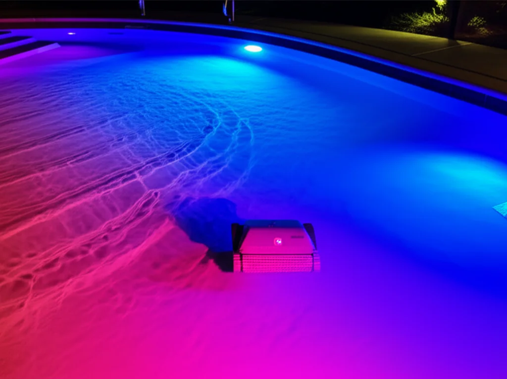 Nighttime view of a San Antonio pool illuminated with color-changing LED lights; the water shimmers with a vibrant glow