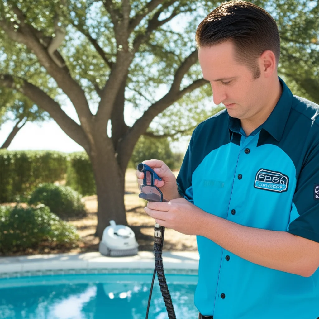 Pool technician in San Antonio, wearing a uniform with the company logo, carefully analyzing a water sample with a digit