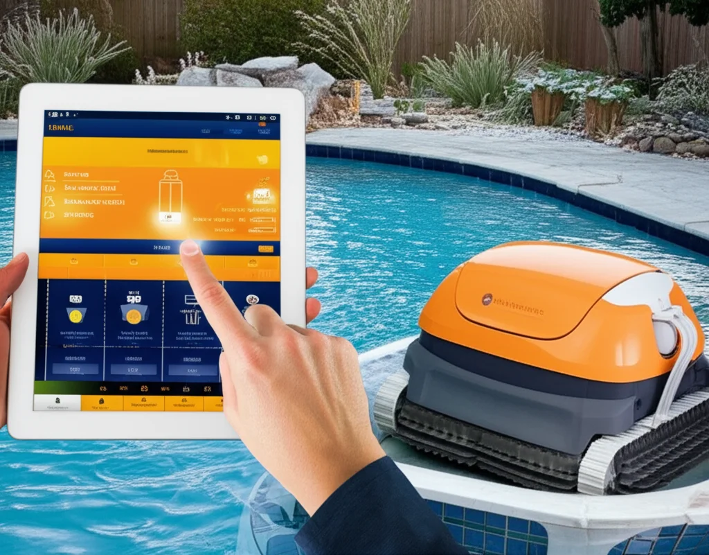 San Antonio homeowner using a tablet to control their automatic pool cover and winterization system, with a robotic pool