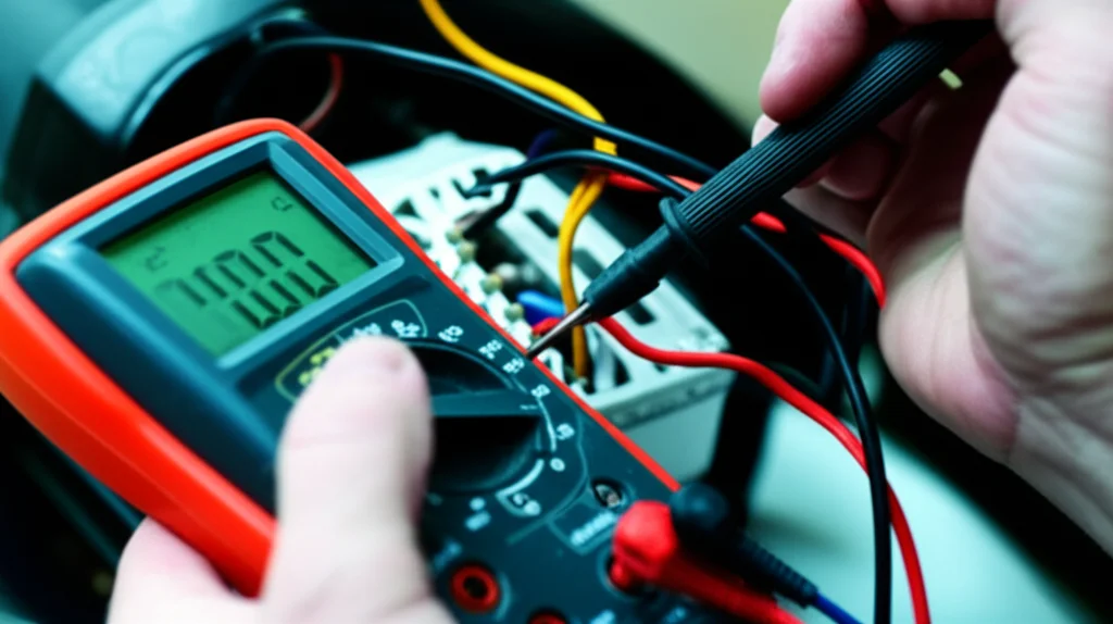 Extreme close-up macro shot of a pool technician's hand holding a multi-meter, testing the electrical connections of a p