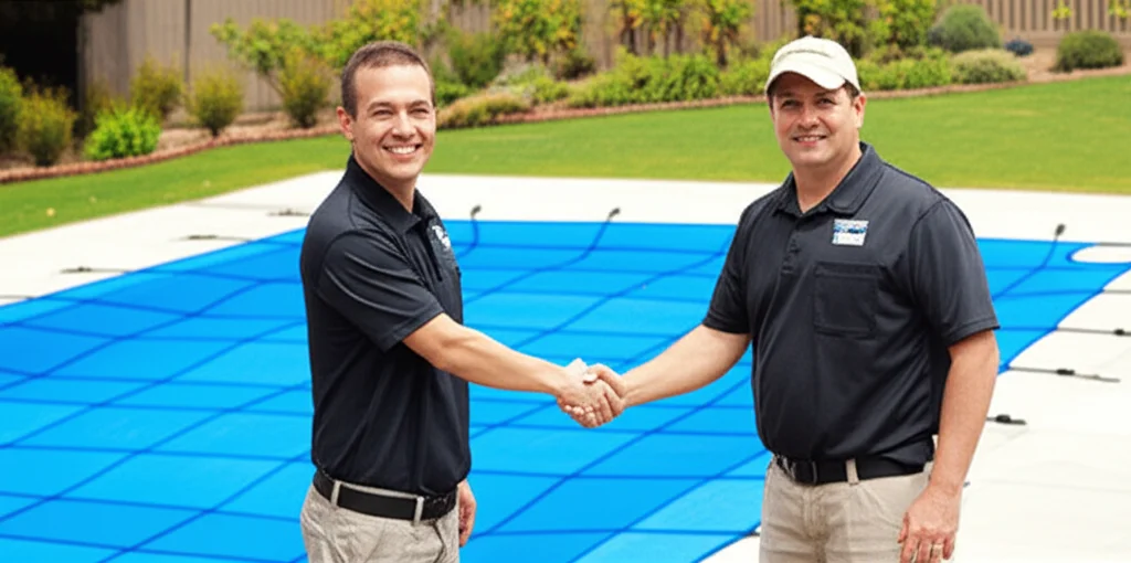 Medium shot of a homeowner smiling and shaking hands with a uniformed pool cover installation technician next to a newly