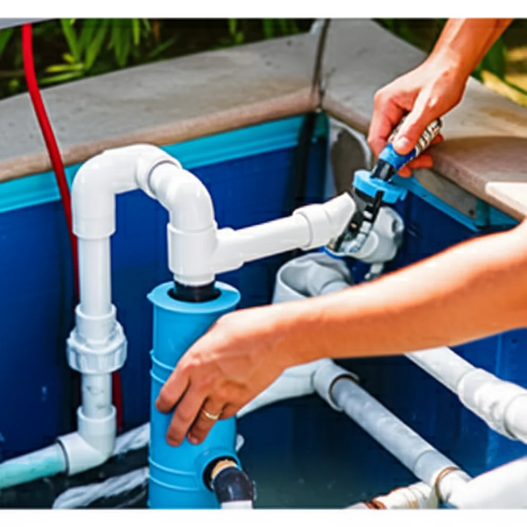 Close-up, partially submerged view of a technician installing a saltwater chlorinator cell within a pool's filtration sy