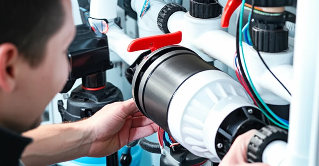 Close-up of a professional technician carefully installing a saltwater chlorinator on a modern pool filtration system. V