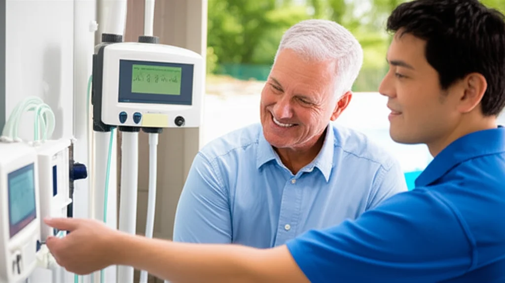 A homeowner smiles warmly while observing a pool technician demonstrating the user-friendly control panel of a newly ins