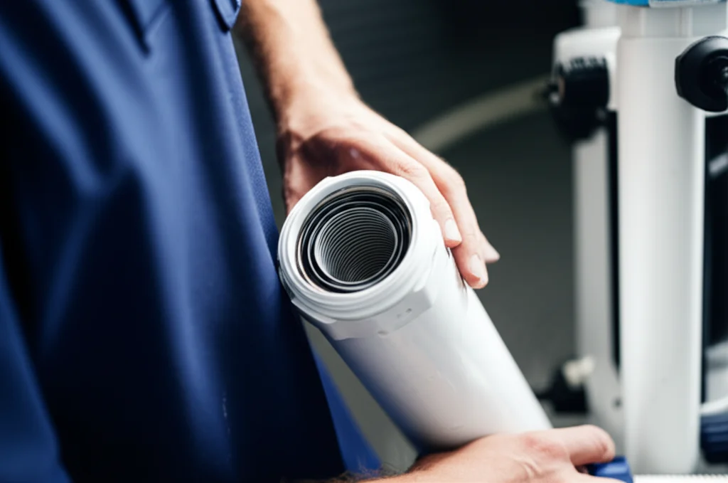 Close-up shot of a technician in professional attire examining a saltwater chlorinator cell, highlighting the intricate