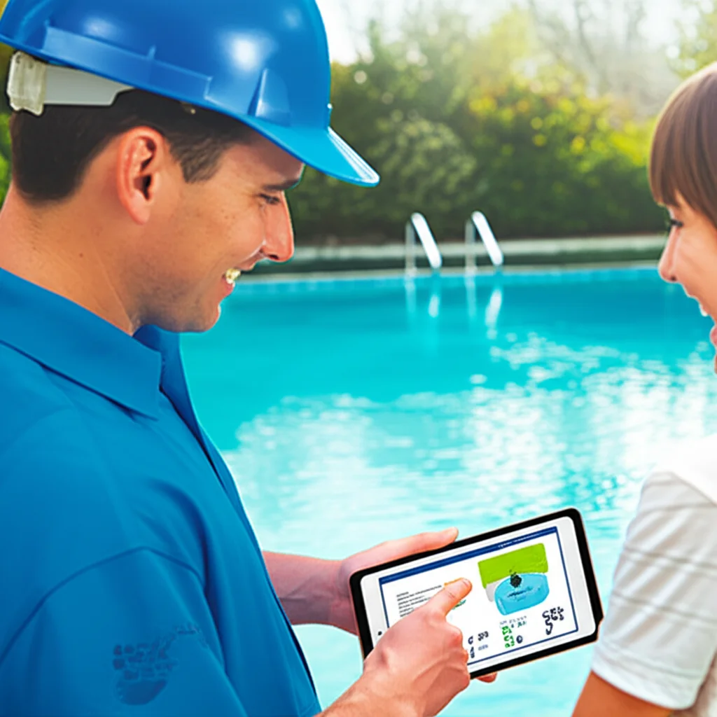Smiling technician demonstrating the simplicity of automated saltwater system monitoring on a tablet to a happy homeowne