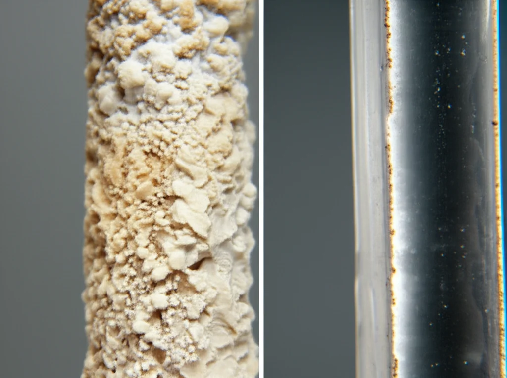 Macro shot of a cross-section of a water pipe demonstrating the before-and-after effects of scale prevention treatment.