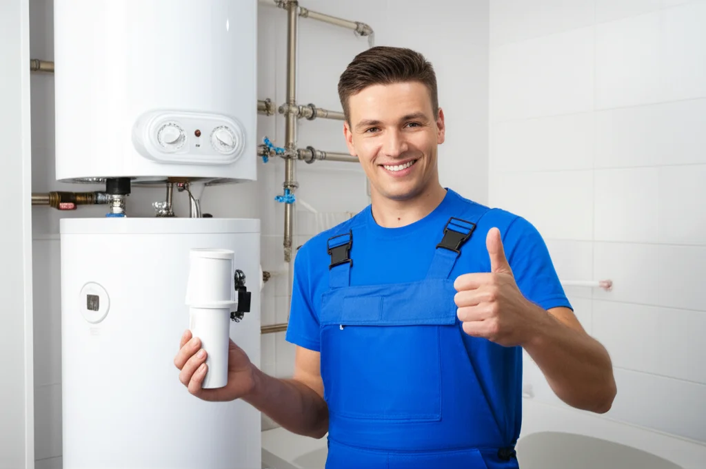 A smiling plumber in clean uniform holding a scale prevention device next to a sparkling hot water heater, with a thumbs