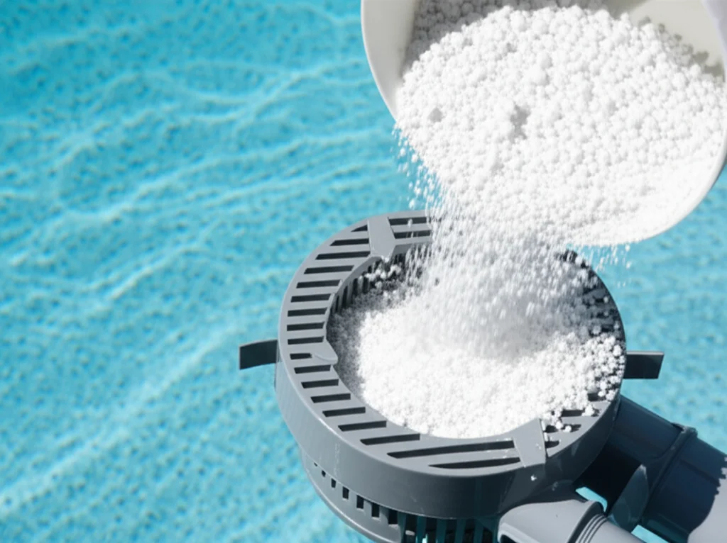 Close-up, slightly overhead shot of granulated pool shock being carefully measured and poured into a skimmer basket, cre