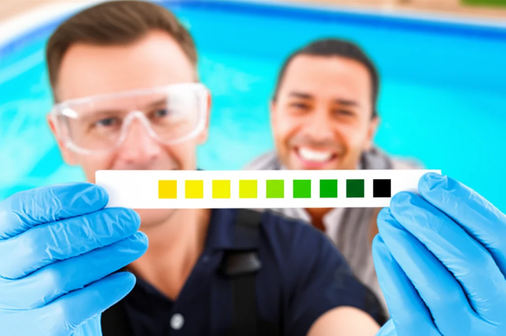 Shot of a technician wearing safety goggles and gloves, holding up a test strip showing perfectly balanced pool water ch