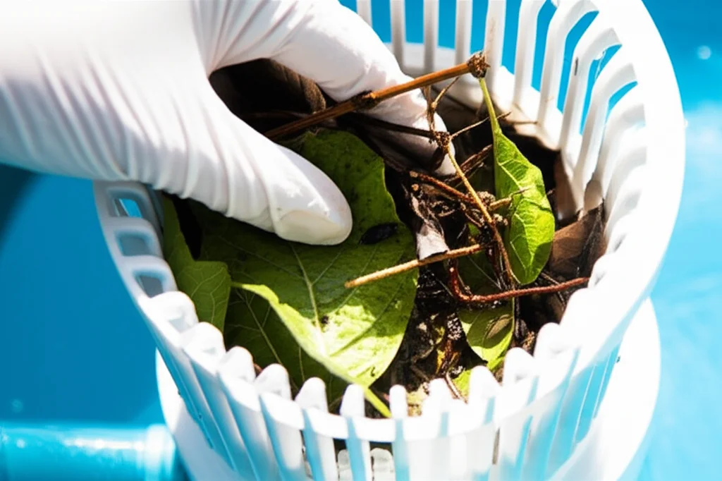 Close-up shot of a gloved hand removing leaves and debris from a skimmer basket. High detail showing the various types o