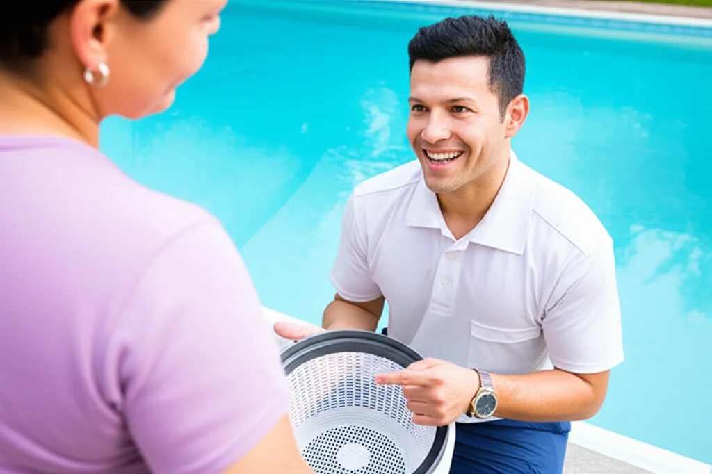 Technician smiling and pointing to a clean, empty skimmer basket, explaining its importance to a homeowner standing pool