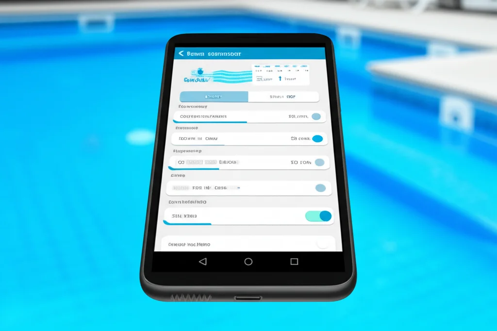 Macro shot of a smartphone screen displaying a user-friendly pool cleaning schedule app. The app interface is clean and