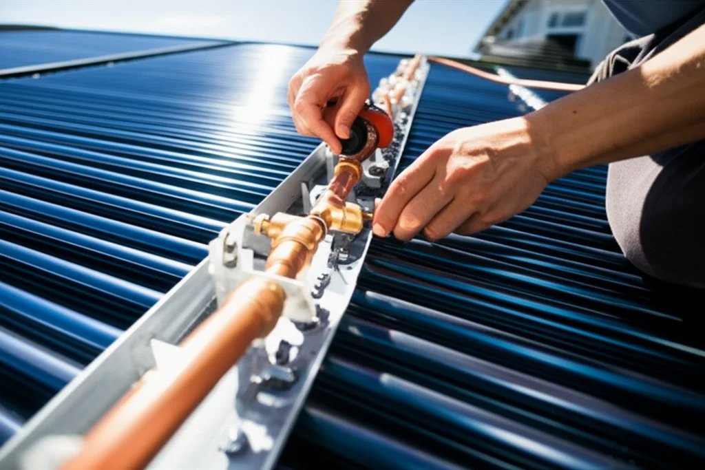Close-up, slightly low-angle shot of a technician expertly connecting solar pool heating panels on a sunny roof, using s