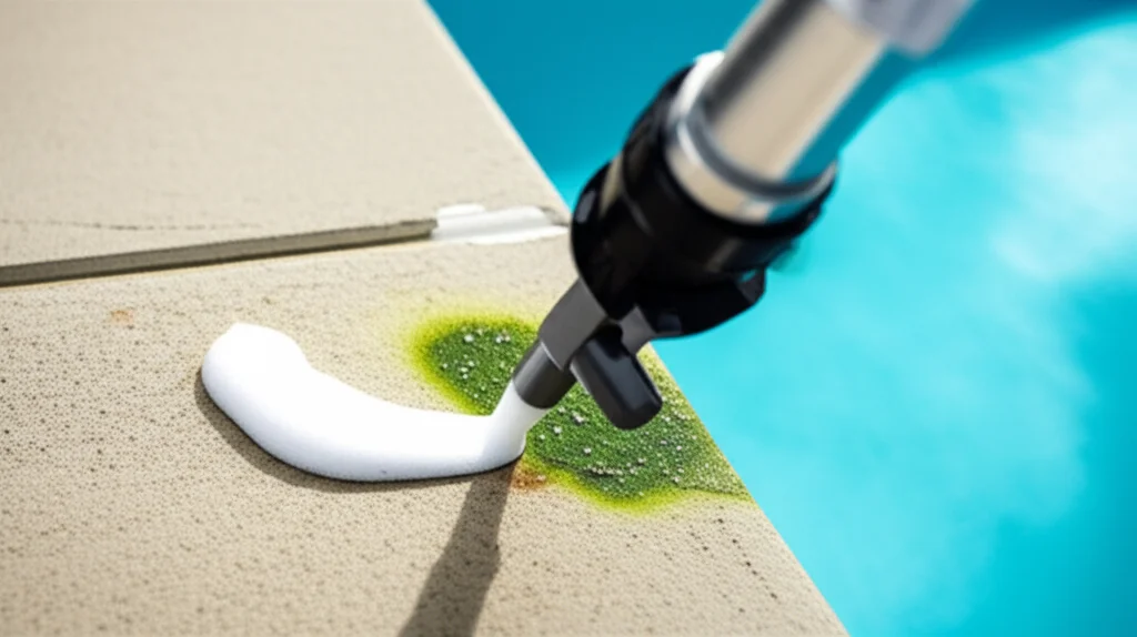 Close-up shot of a specialized stain treatment applicator gently releasing a foaming solution onto a stubborn algae stai