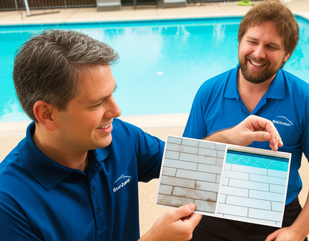 Mid-shot of a pool technician in clean uniform, holding a before-and-after comparison photo showing a heavily stained po