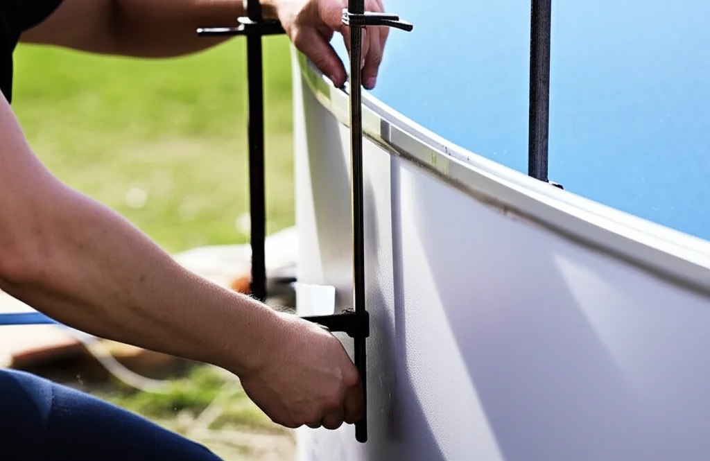 Close-up, detailed shot of two installers meticulously connecting steel pool wall panels, ensuring a perfectly aligned a