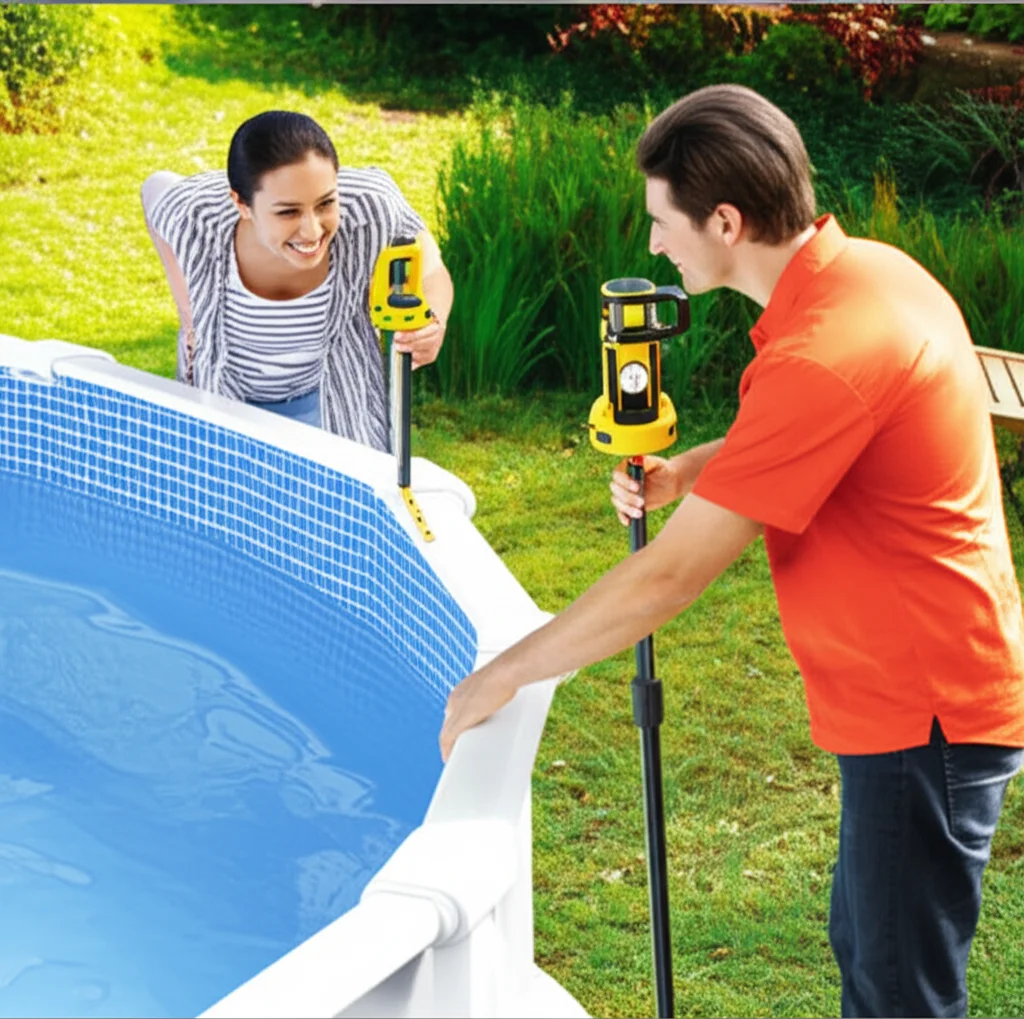 A homeowner is smiling, looking on happily as a friendly installer is carefully leveling the ground around the base of t