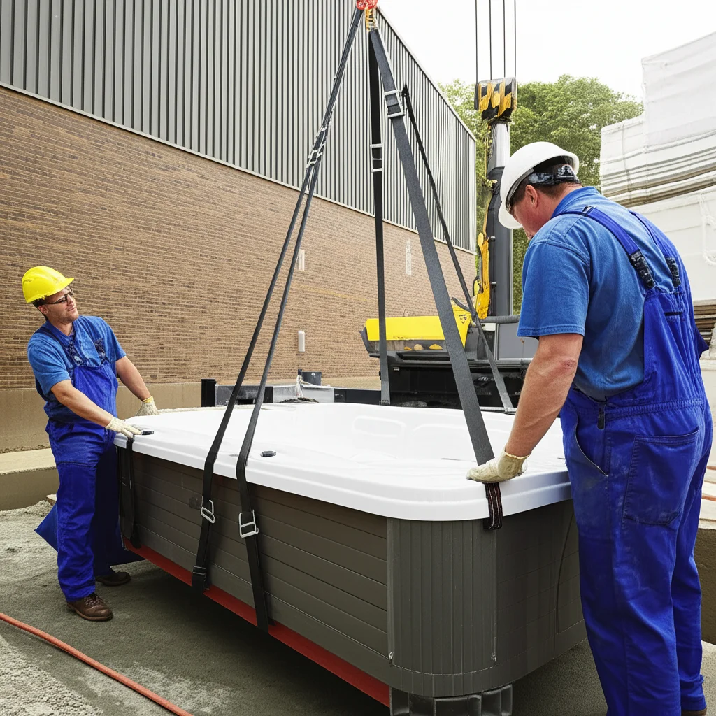 Close-up shot of two uniformed technicians carefully lowering the swim spa into a prepared concrete foundation using hea