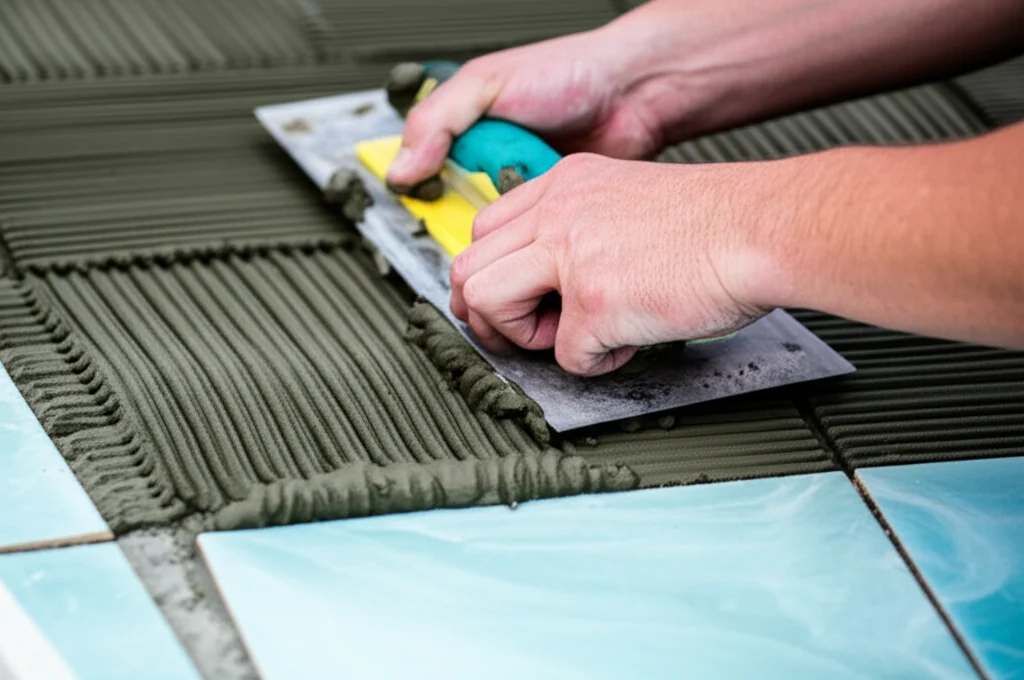 Close-up shot of a skilled technician meticulously applying grout between newly installed pool tiles, using professional