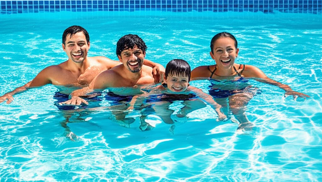 A happy family enjoying their revitalized tile pool, laughing and splashing, with the resurfaced tiles looking pristine