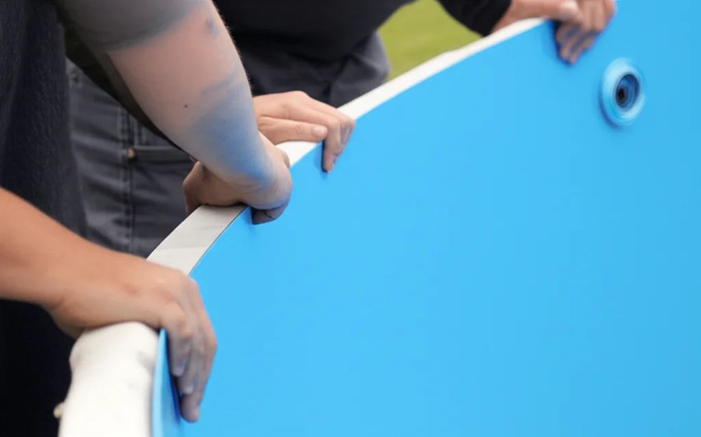 Close-up shot of skilled construction workers carefully installing the vinyl liner of an inground pool, showing meticulo