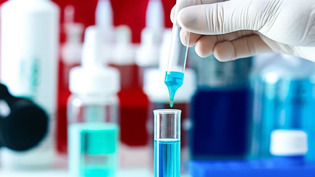 Close-up shot of a technician's hand carefully adding a measured amount of pool balancing chemicals to a test tube, with