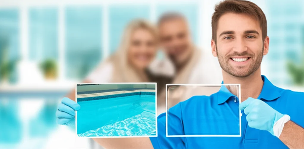 A smiling pool technician, wearing gloves, holding a before-and-after comparison photo of pool water clarity, showcasing