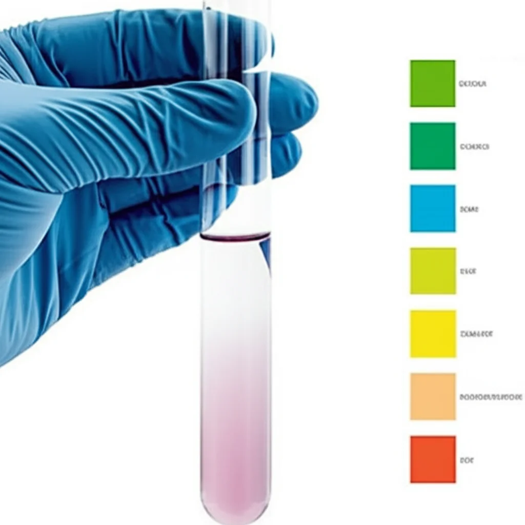 Macro shot of a hand wearing a protective glove, carefully holding a test tube filled with pool water against a white ba