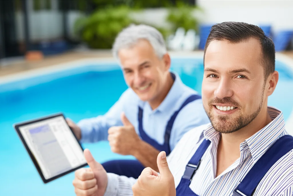 Close-up, friendly shot of a blurred technician in the background reviewing a water chemistry report on a tablet with a