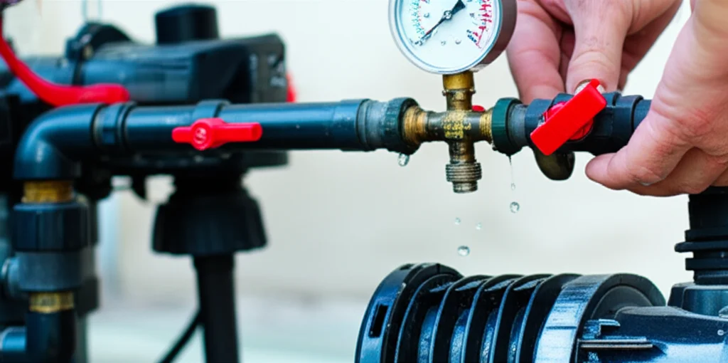 Close-up of a technician adjusting a pool pump valve, water dripping from a pipe, with a pressure gauge visible in the b
