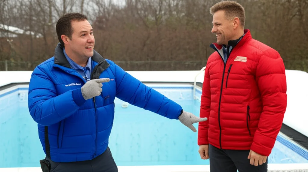 Friendly technician, wearing a winter coat and gloves, pointing to the waterline tile of a pool with a lowered water lev