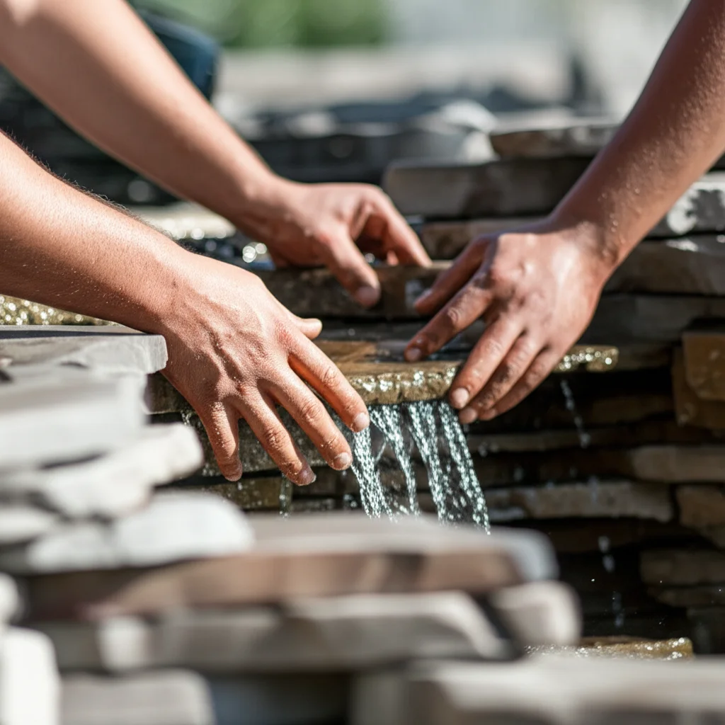 Close-up, shallow depth-of-field image of skilled technicians carefully arranging natural stone during the construction
