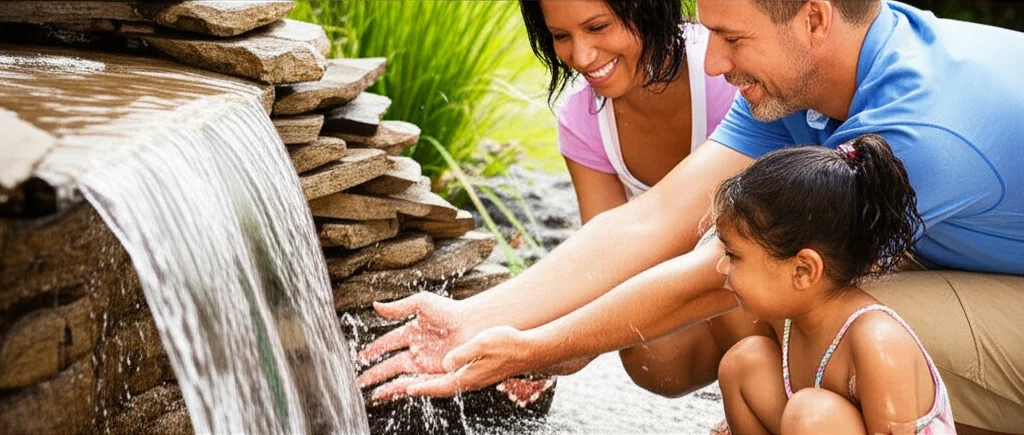 Warm, inviting shot of a happy family enjoying their backyard with a newly installed waterfall feature. The father playf