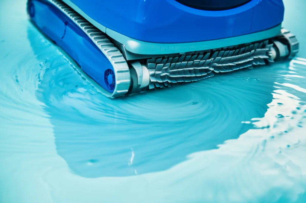 Detailed close-up shot of a robotic pool cleaner efficiently scrubbing the bottom of a pool, creating a swirl of clean w